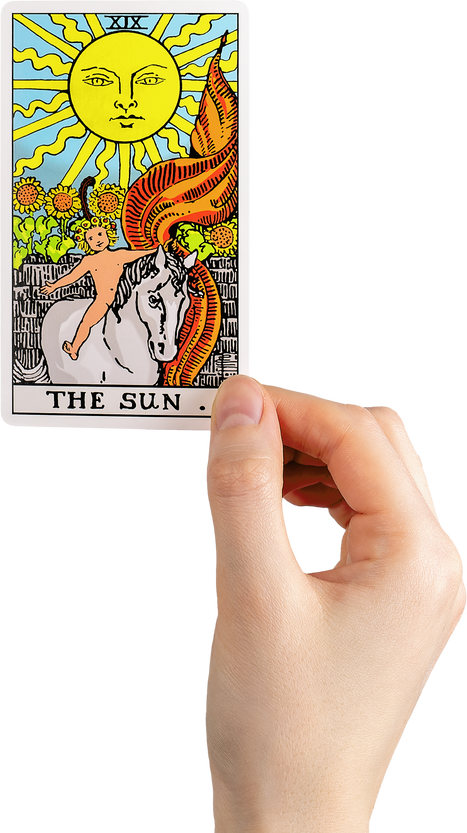 Sun, tarot card in hand, positive major arcana isolated on white